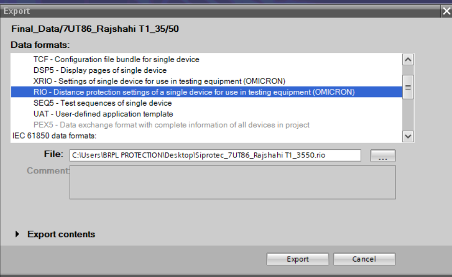 Relay file exporting window