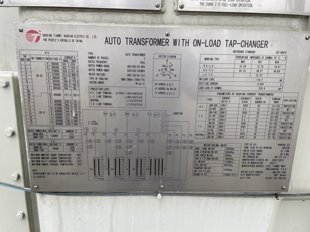 Autotransformer nameplate Autotransformer Vector Group YNa0d1